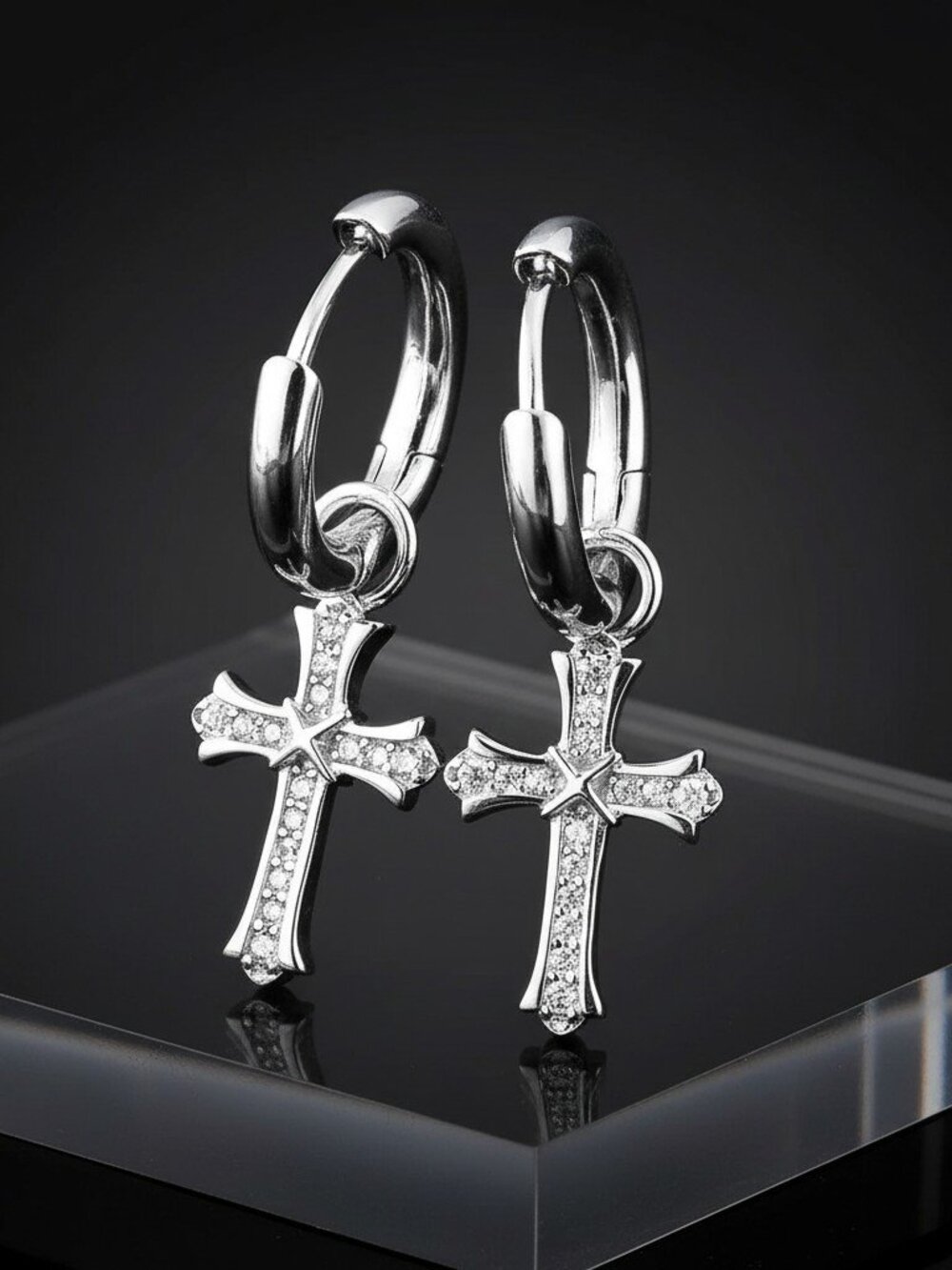 18K White Gold-Plated CZ Cross Leverback Huggie Hoop Drop Earrings Men & Women